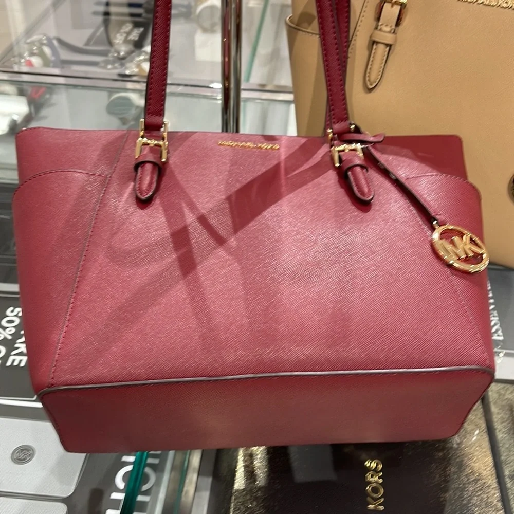 MICHAEL KORS Charlotte Large Leather Top-Zip Tote Dark Cherry  NWT